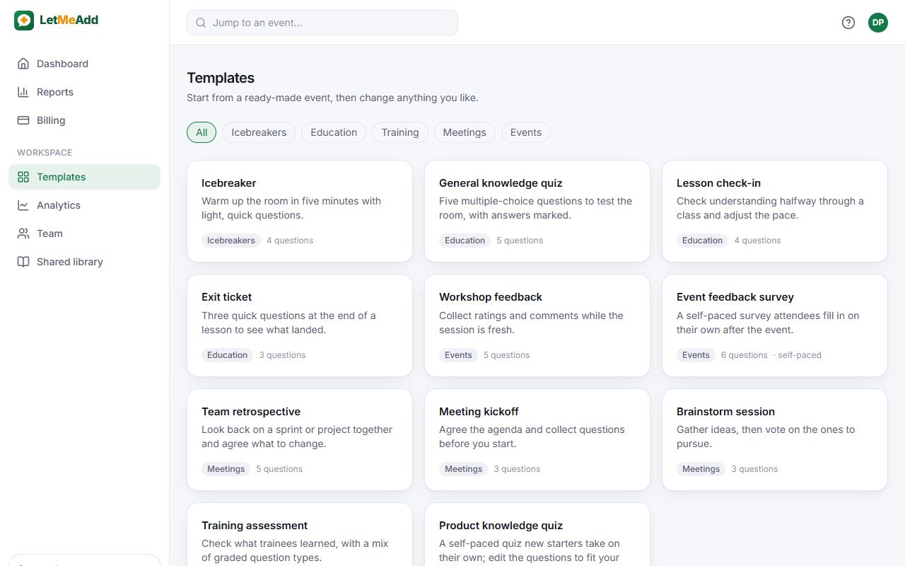 The LetMeAdd template gallery with a general knowledge quiz, lesson check-in and exit ticket